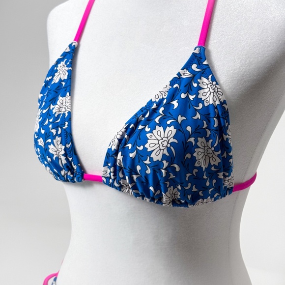 πΊ J.Crew Blue Floral Neon Pink Bikini Swimsuit Size S/M Tie Bottom Retail: $150 - Picture 2 of 16